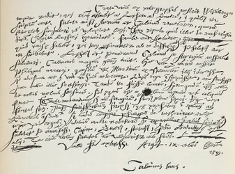 Facsimile van Calvijns handschrift, illustratie uit De Geschiedenis van het Protestantisme door James Aitken Wylie, gepubliceerd in 1878