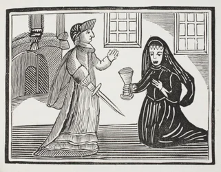 Schone Rosamond vergiftigd door koningin Eleanor, illustratie uit Chap-books van de achttiende eeuw door John Ashton, uitgegeven 1882