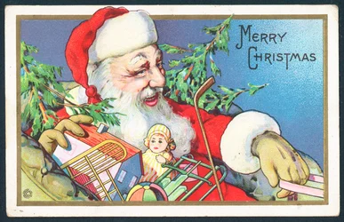 Kerstman bezorgt speelgoed, kerstkaart