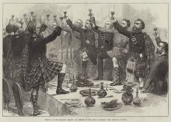 Festival van de Highland Society, de gezondheid van de hertog van Rothsay, met Highland-eerbewijzen