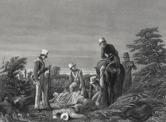 Het vinden van de kleuren van het 24e Regiment na de slag bij Chillianwallah, ca. 1850 (gravure)