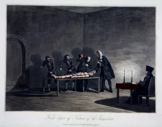 Eerste graad van marteling van de inquisitie, gegraveerd door L.C. Stadler, uitgegeven door Cadell & Davies, Londen, c.1813