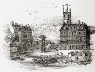 Fleet Ditch, Londen, Engeland in 1749 op het punt waar het uitmondde in de Theems bij Bridewell, uit Old England: A Pictorial Museum, uitgegeven 1847