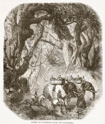 Vlucht van Europeanen voor de Muiters, illustratie uit Cassells Geïllustreerde Geschiedenis van Engeland