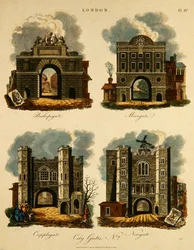 Vier stadspoorten: Bishopsgate, Moorgate, Cripplegate en Newgate, gegraveerd door J. Pass, uitgegeven door G. Jones