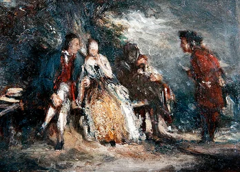 Vier figuren, twee geliefden, in gesprek, ca. 1800