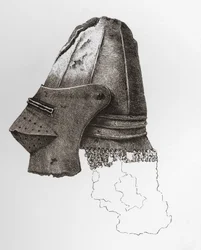 Veertiende-eeuwse vizierde bascinet, bijna bolvormig, met Camailie bevestigd, uit Warwick Castle. Uit The British Army: Its Origins, Progress and Equipment, gepubliceerd in 1868.