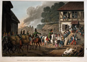 Franse troepen trekken zich terug en plunderen een dorp