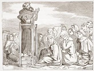 Monnik preekt vanuit een verplaatsbare preekstoel, illustratie uit De Geschiedenis van het Protestantisme door James Aitken Wylie, 1878