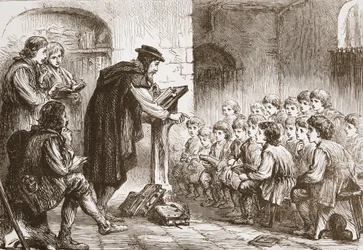 Froments school aan de Molard, illustratie uit De Geschiedenis van het Protestantisme door James Aitken Wylie, gepubliceerd in 1878