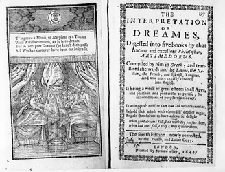 Frontispice en titelpagina van De interpretatie van dromen door Artemidorus, Engelse editie gepubliceerd in 1644