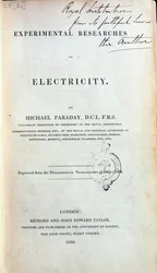 Frontispice voor Experimentele Onderzoeken in Elektriciteit door Michael Faraday (1791-1867) gepubliceerd 1839