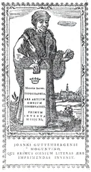 Frontispice van Johannes Gutenberg uit Een Beknopte Geschiedenis van de Oorsprong en Voortgang van de Drukkunst door Philip Luckombe, gepubliceerd in 1770