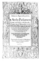 Frontispice van een verslag van het parlement van koningin Elizabeth gehouden tussen 23 november 1584 en 24 maart 1585, gedrukt door Christopher Barker, 1585