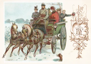 Galopperende paarden en postkoets, nieuwjaarskaart