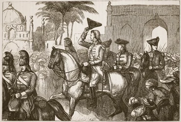 Generaal Goddard betreedt Surat, illustratie uit Cassells Geïllustreerde Geschiedenis van India door James Grant, uitgegeven 1879