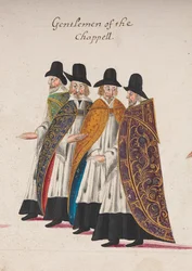 Heren van de kapel, detail van een deel van de begrafenisstoet van koningin Elizabeth I naar Westminster Abbey, 28 april 1603