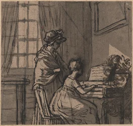 Meisje aan een klavecimbel, ca. 1800 (pen & was op papier)