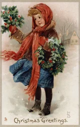 Meisje verkoopt hulst en kerstkransen