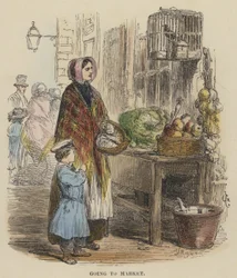 Naar de markt gaan (gekleurde gravure)