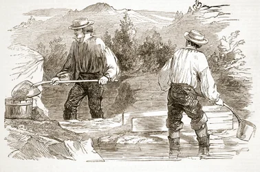 Goudwassen bij de Diggings, uit The Illustrated London News