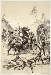 Goud-escorte aangevallen door Bush Rangers, uit The History of Australasia door David Blair, McGrady, Thomson, en Niven, 1879