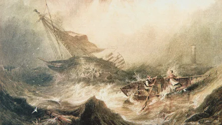 Grace Darling en haar vader roeien naar de redding van de Forfarshire, vergaan voor de kust van Northumberland, 7 september 1838