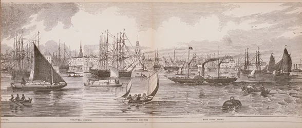 Groot Panorama van Londen, vanaf de rivier de Theems kijkend naar Shadwell, East India Docks en Limehouse, 1849 (houtsnede)