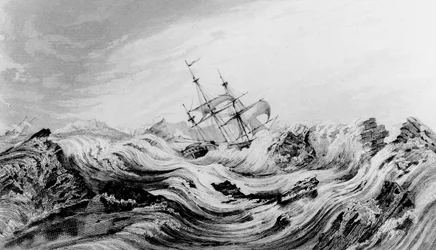 HMS Dorothea onder bevel van David Buchan gedreven in Arctisch ijs