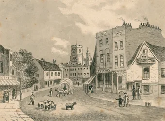 Hackney, kijkend naar de kerk, in 1840