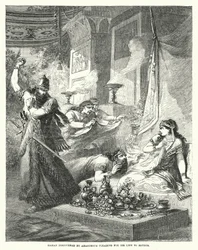 Haman ontdekt door Ahasveros terwijl hij om zijn leven smeekt bij Esther (gravure)
