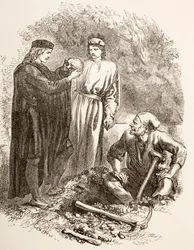 Hamlet houdt de schedel van Yorick vast, illustratie bij akte V, scène I van Hamlet, uit «The Illustrated Library Shakespeare», gepubliceerd in Londen in 1890