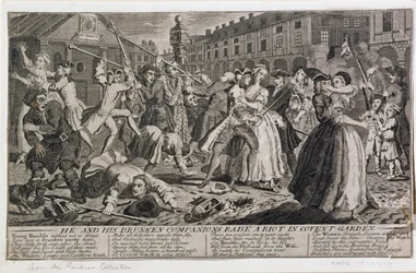Hij en zijn dronken metgezellen veroorzaken een rel in Covent Garden, 1735