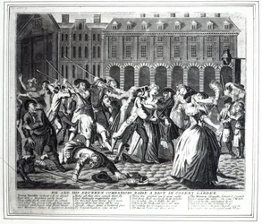 Hij en zijn dronken metgezellen veroorzaken een rel in Covent Garden, uit een gepirateerde serie gebaseerd op Hogarth