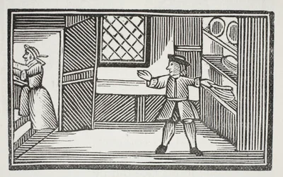 Hij ging naar de voorraadkast en hielp zichzelf aan brood en boter, illustratie uit Chap-books van de achttiende eeuw door John Ashton, uitgegeven 1882