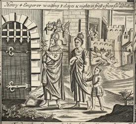 Hendrik IV keizer wacht 3 dagen en nachten in vorst en sneeuw voor toelating tot paus Gregorius, illustratie uit Handelingen en Monumenten van John Foxe, negende editie, uitgegeven 1684