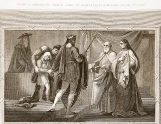 Hendrik IV vertrouwt prins James van Schotland toe aan zijn leraren, illustratie uit David Humes The History of England, uitgegeven door R. Bowyer, Londen, 1812