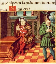 Hendrik VIII speelt harp met zijn nar Wil Somers, uit de Psalter van de Koning