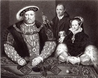 Hendrik VIII, zijn dochter Koningin Mary en Will Somers, naar een 16e-eeuws olieverfschilderij, postuum geschilderd, 1821