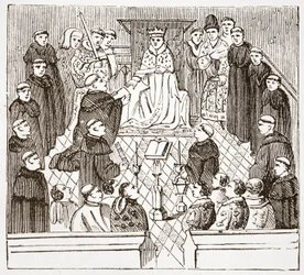 Hendrik V en zijn parlement (uit de Harleian MMS in het British Museum), illustratie uit De Geschiedenis van het Protestantisme door James Aitken Wylie, 1878