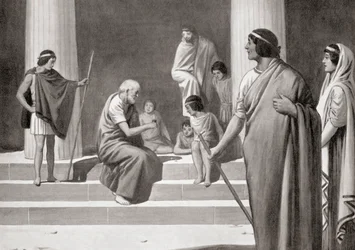 Heraclitus speelt met jongens dobbelstenen om zijn minachting voor de gebruikelijke bezigheden van de mensen te tonen, uit Hutchinsons ‘Geschiedenis van de naties’, gepubliceerd in 1915