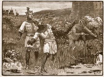 Heldhaftigheid van St. Clair bij het beleg van Bridgnorth Castle, illustratie uit Cassells Illustrated History of England