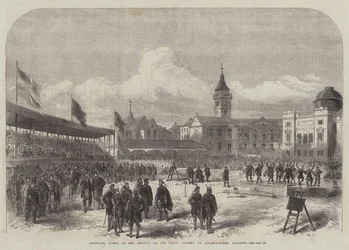 Hooglandspelen bij de bijeenkomst van de Keltische Vereniging op College-Green, Glasgow (gravure)