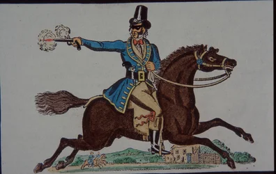 Struikroverfiguur voor Victoriaans kinderspeelgoedtheater (handgekleurde gravure)