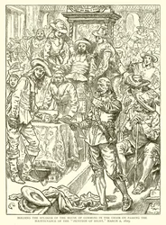 De voorzitter van het Lagerhuis in de stoel houden bij het aannemen van het Onderhoud van het Petitierecht, 2 maart 1629