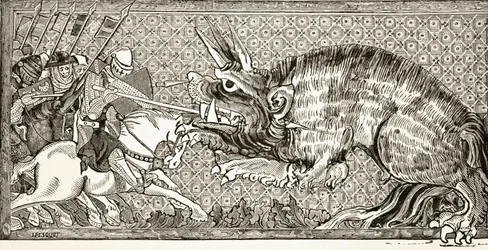 Hoe Alexander vocht met het beest, naar een miniatuur in een 13e-eeuws manuscript, uit 