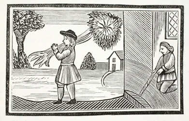 Hoe Tom Hickathrifts grote kracht bekend werd, illustratie uit Chap-books van de Achttiende Eeuw door John Ashton, uitgegeven 1882