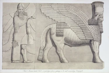 Menselijk hoofd stier en gevleugeld figuur van een poort op de muur rond Koujunjik, plaat 3 uit Nineveh en zijn overblijfselen door Austen Henry Layard (1817-94) gepubliceerd 1849