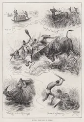 Jagen vanuit Boten in Birma (gravure)
