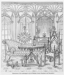 Illustratie van de extravagante stijl van Modern Gothic Furniture and Decoration, uit True Principles of Pointed of Christian Architecture, door Augustus Welby Pugin